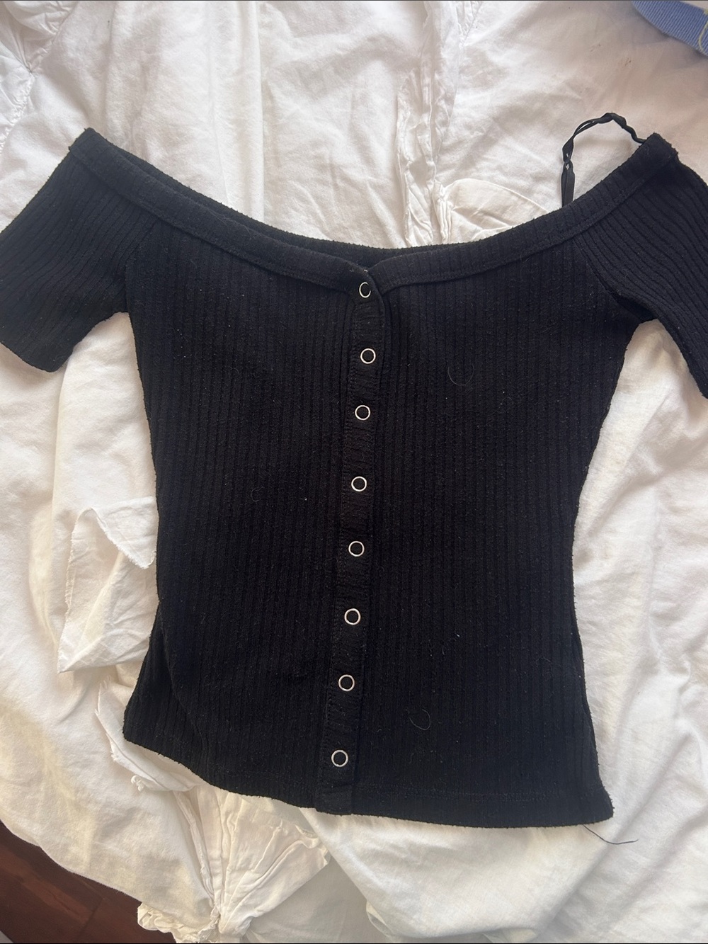 Off-Shoulder Black Ribbed Button-Front Women's Top